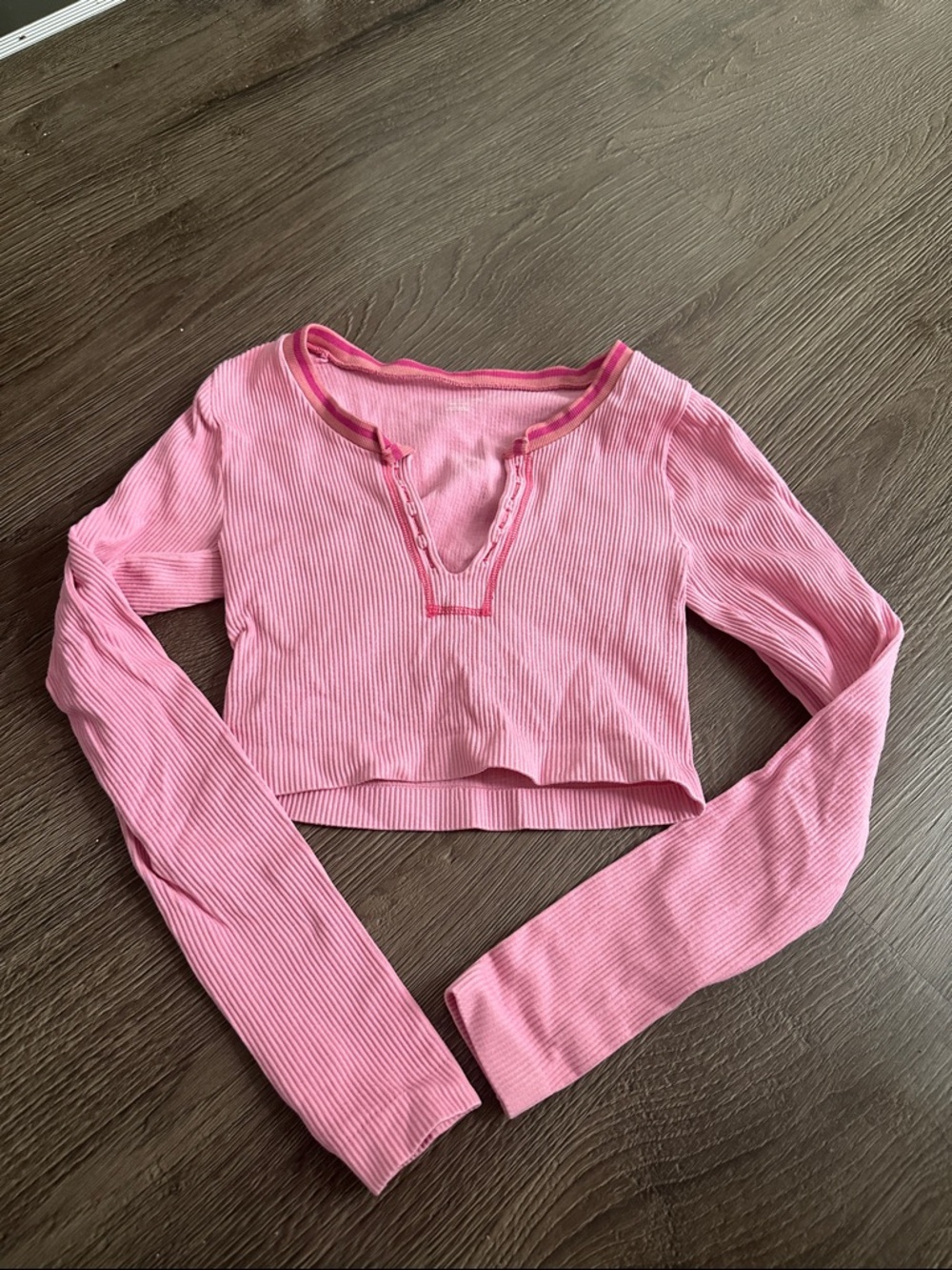 Urban Outfitters Pink Ribbed Cropped Henley Long-Sleeve Top
